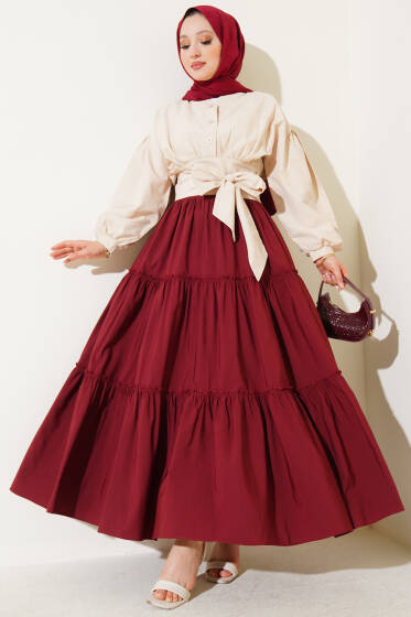 Kat Büzgülü Etek Bordo - Etek