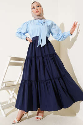 Kat Büzgülü Etek Lacivert - Uzun Etek