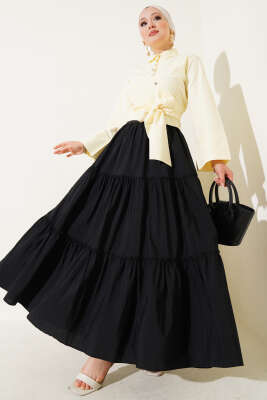 Kat Büzgülü Etek Siyah - Uzun Etek