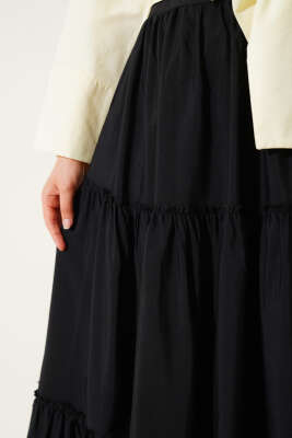 Kat Büzgülü Etek Siyah - Uzun Etek