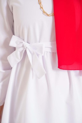 Kat Detaylı Beli Kuşaklı Beyaz Elbise - Thumbnail