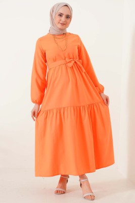Kat Detaylı Beli Kuşaklı Oranj Elbise - Thumbnail