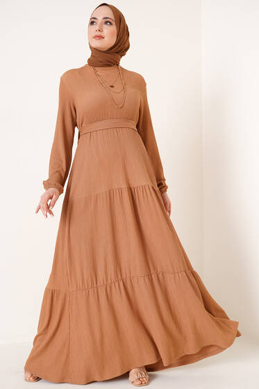 Kat Detaylı Bürümcük Elbise Camel - Tesettür Elbise