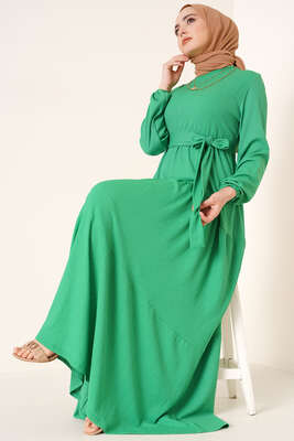 Kat Detaylı Bürümcük Elbise Fıstık Yeşili - Thumbnail