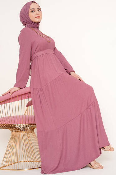 Kat Detaylı Bürümcük Elbise Gül Kurusu - Tesettür Elbise