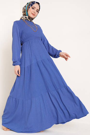 Kat Detaylı Bürümcük Elbise İndigo - Tesettür Elbise