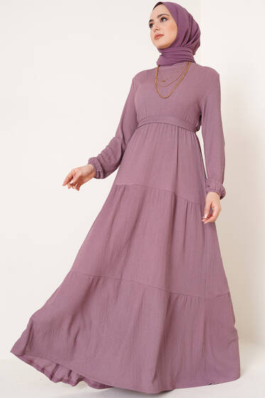 Kat Detaylı Bürümcük Elbise Magenta - Tesettür Elbise