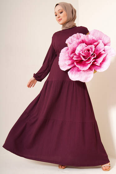 Kat Detaylı Bürümcük Elbise Mürdüm - Tesettür Elbise