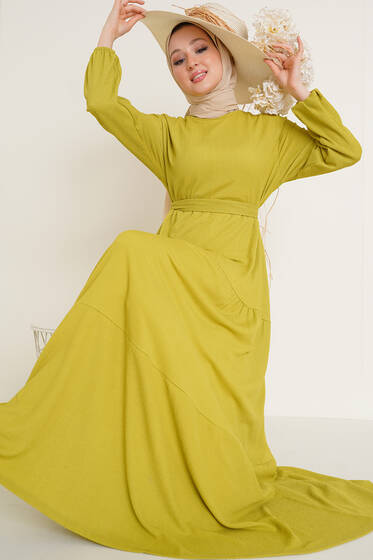 Kat Detaylı Bürümcük Elbise Yağ Yeşil - Tesettür Elbise