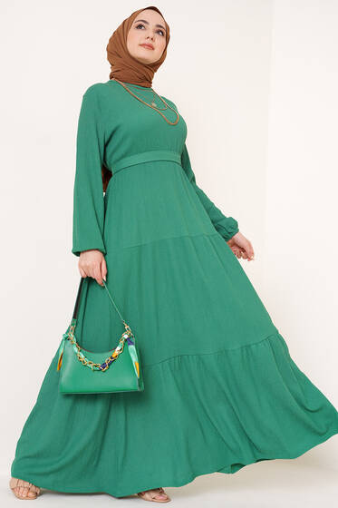 Kat Detaylı Bürümcük Elbise Yeşil - Tesettür Elbise