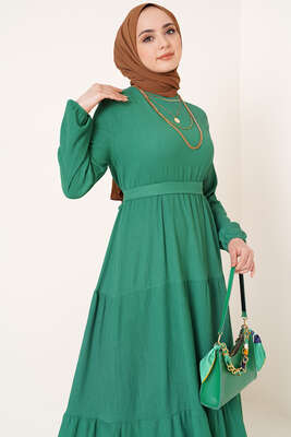 Kat Detaylı Bürümcük Elbise Yeşil - Tesettür Elbise
