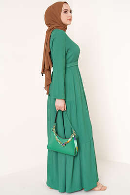 Kat Detaylı Bürümcük Elbise Yeşil - Tesettür Elbise