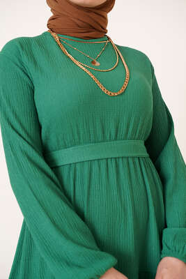 Kat Detaylı Bürümcük Elbise Yeşil - Tesettür Elbise
