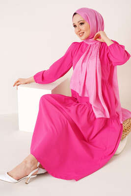 Kat Detaylı Kloş Elbise Fuşya - Thumbnail