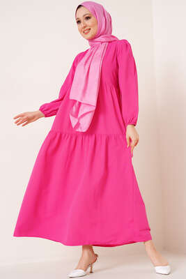 Kat Detaylı Kloş Elbise Fuşya - Thumbnail