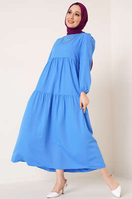 Kat Detaylı Kloş Elbise Mavi - Thumbnail
