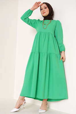 Kat Detaylı Kloş Elbise Yeşil - Thumbnail