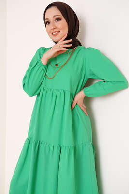 Kat Detaylı Kloş Elbise Yeşil - Thumbnail