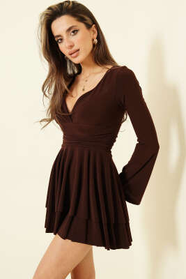 Kat Etekli Mini Sandy Elbise Kahve - Kadın Giyim Modelleri