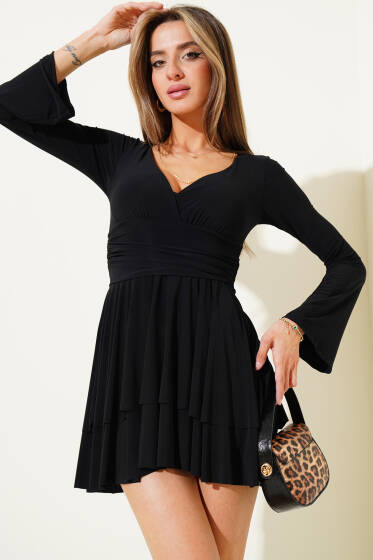 Kat Etekli Mini Sandy Elbise Siyah - Kadın Giyim Modelleri