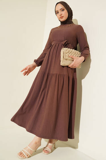 Kat Kat Bürümcük Elbise Kahve - Tesettür Elbise