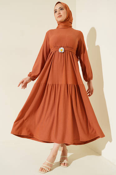 Kat Kat Bürümcük Elbise Taba - Tesettür Elbise