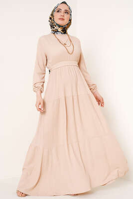 Kat Kat Bürümcük Kuşaklı Elbise Bej - Yılın Fırsatı