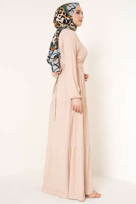 Kat Kat Bürümcük Kuşaklı Elbise Bej - Yılın Fırsatı