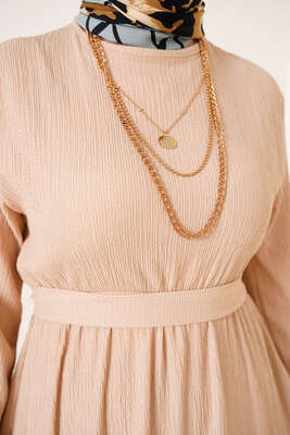 Kat Kat Bürümcük Kuşaklı Elbise Bej - Yılın Fırsatı