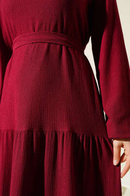 Kat Kat Bürümcük Kuşaklı Elbise Bordo - 300-500 TL Ürünler