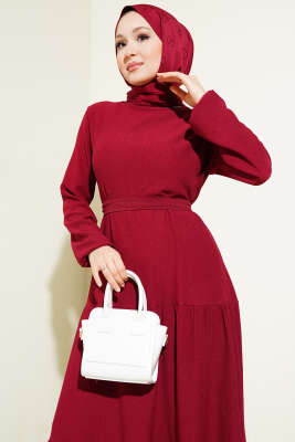 Kat Kat Bürümcük Kuşaklı Elbise Bordo - Tesettür Elbise