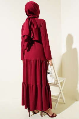 Kat Kat Bürümcük Kuşaklı Elbise Bordo - Tesettür Elbise