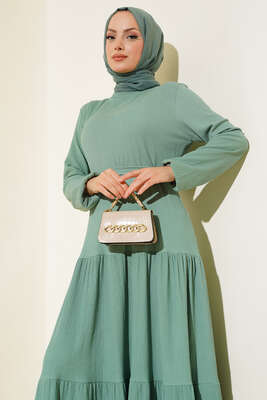 Kat Kat Bürümcük Kuşaklı Elbise Çağla Yeşili - Yılın Fırsatı