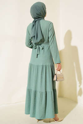 Kat Kat Bürümcük Kuşaklı Elbise Çağla Yeşili - Yılın Fırsatı