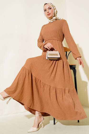 Kat Kat Bürümcük Kuşaklı Elbise Camel - Elbise