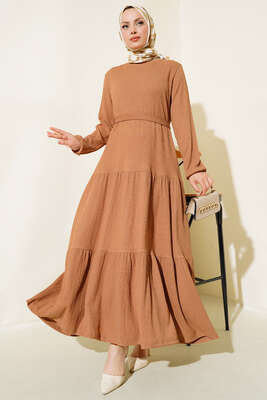 Kat Kat Bürümcük Kuşaklı Elbise Camel - Tesettür Elbise