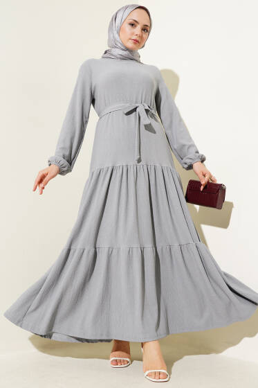 Kat Kat Bürümcük Kuşaklı Elbise Gri - Elbise