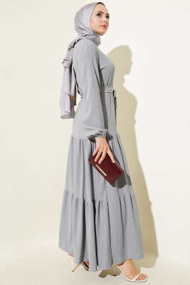 Kat Kat Bürümcük Kuşaklı Elbise Gri - Tesettür Elbise