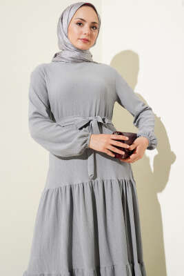 Kat Kat Bürümcük Kuşaklı Elbise Gri - Tesettür Elbise