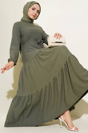 Kat Kat Bürümcük Kuşaklı Elbise Haki - Elbise