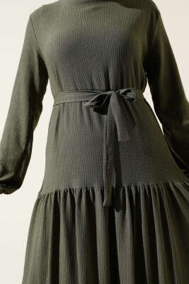 Kat Kat Bürümcük Kuşaklı Elbise Haki - Yılın Fırsatı