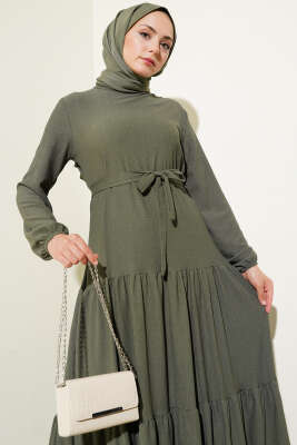Kat Kat Bürümcük Kuşaklı Elbise Haki - Yılın Fırsatı