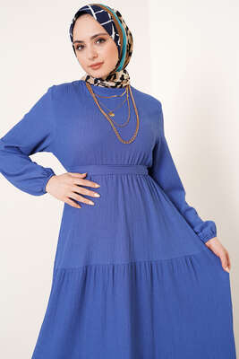 Kat Kat Bürümcük Kuşaklı Elbise İndigo - Yılın Fırsatı