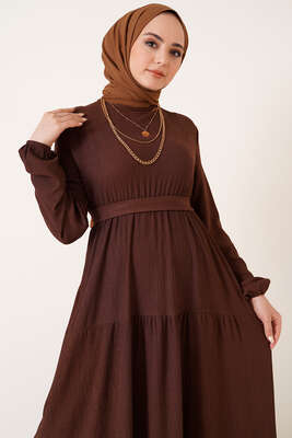 Kat Kat Bürümcük Kuşaklı Elbise Kahve - Yılın Fırsatı