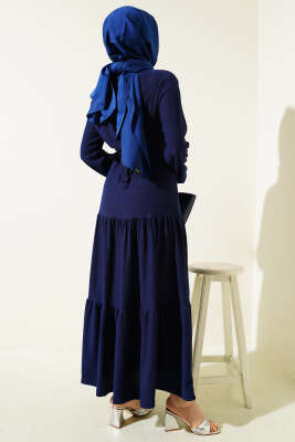 Kat Kat Bürümcük Kuşaklı Elbise Lacivert - Tesettür Elbise