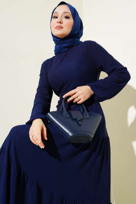 Kat Kat Bürümcük Kuşaklı Elbise Lacivert - Tesettür Elbise