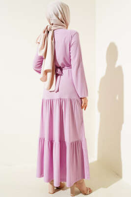 Kat Kat Bürümcük Kuşaklı Elbise Leylak - Tesettür Elbise