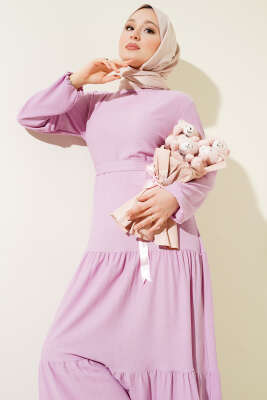 Kat Kat Bürümcük Kuşaklı Elbise Leylak - Tesettür Elbise