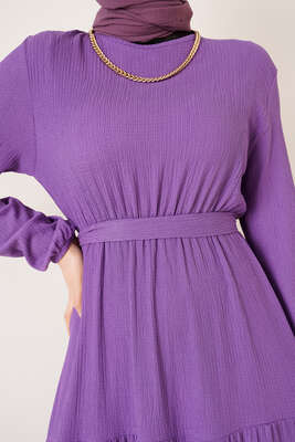 Kat Kat Bürümcük Kuşaklı Elbise Lila - Yılın Fırsatı