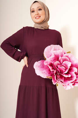 Kat Kat Bürümcük Kuşaklı Elbise Mürdüm - Yılın Fırsatı